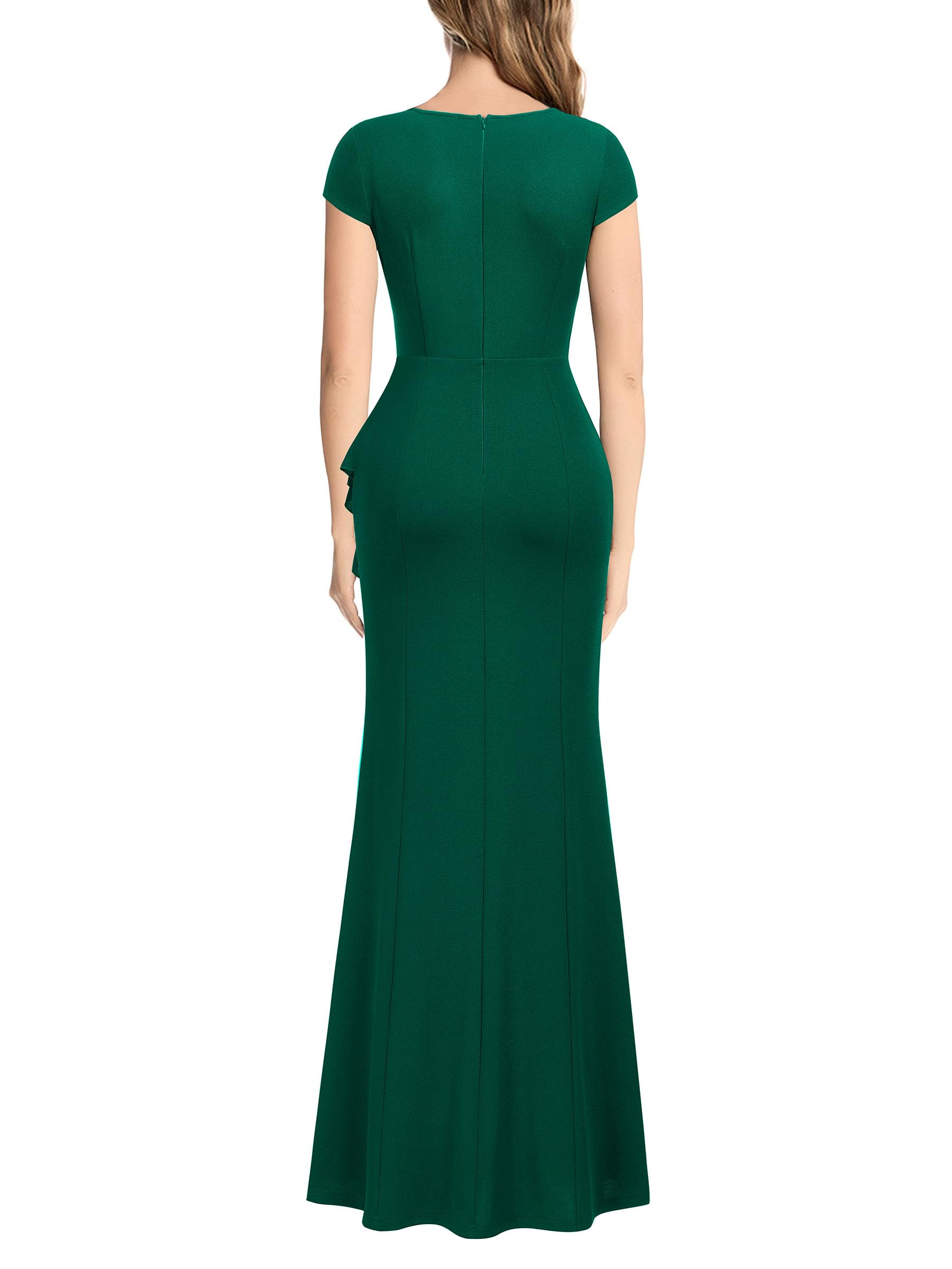 Dark Green Women's Retro V Neck Elegant Ruched Split Style Formal Long Prom Dress